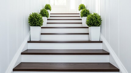 Fototapeta premium Elegant indoor staircase, plants, white walls, sunlight, home decor
