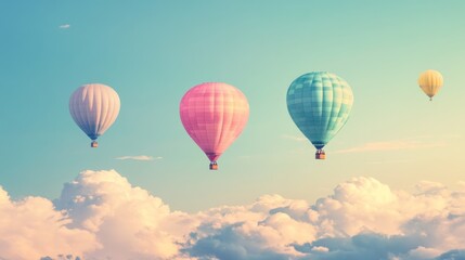 Fototapeta premium Colorful hot air balloons soar above fluffy clouds at sunset; travel inspiration