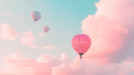 Pink hot air balloons soar pastel sunrise sky