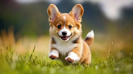 Happy puppy running outdoors, green grass, blurred background, pet adoption