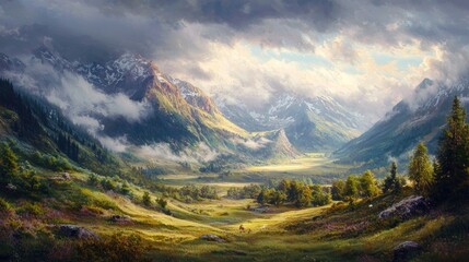 Fototapeta premium Majestic Mountain Valley Landscape: Breathtaking Scenery of Alpine Peaks and Verdant Meadows