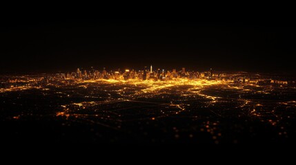 Night cityscape aerial view, sprawling metropolis, glowing lights, dark background, urban design