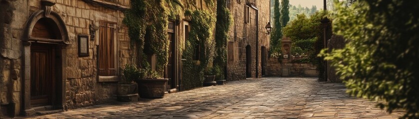 Naklejka premium A cobblestone streetscape exudes oldworld charm.