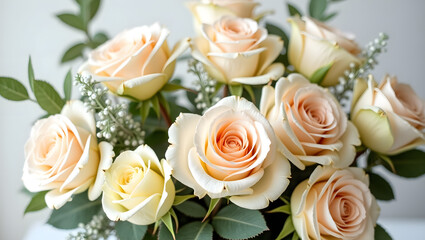 Obraz premium A soft pastel arrangement of white, peach, and pink roses, dusted with dew, interwoven with eucalyptus and silver mist, capturing serene elegance.