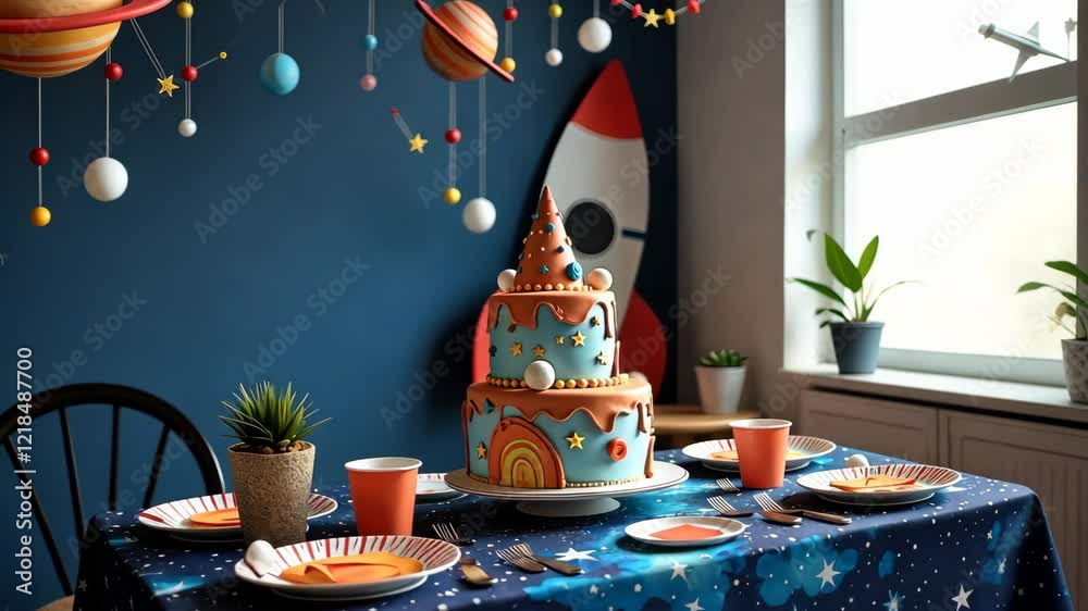 Poster A table with a cake on it and a rocket on the wall. There are also chairs and cups on the table