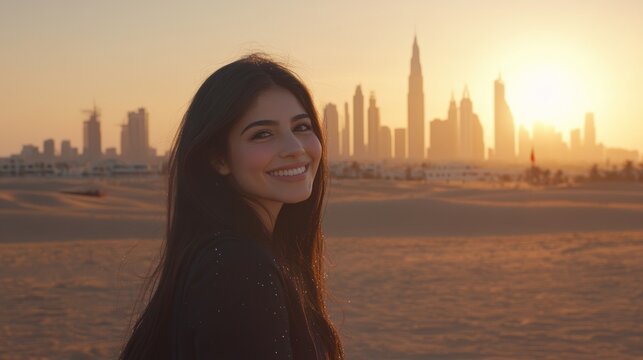 Desert sunset portrait, smiling woman, city skyline, travel