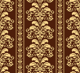 Wallpaper in the style of Baroque. Seamless vector background. Golden and dark   brown ornament.
