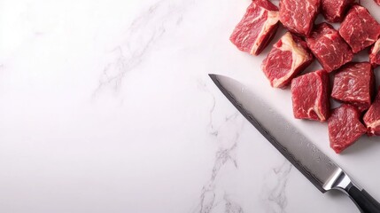 Chopped beef steak, kitchen knife, marble surface, cooking prep
