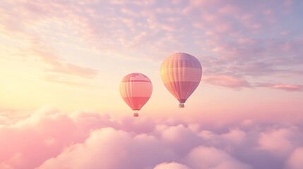 Obraz premium Two hot air balloons soar above pastel sunrise clouds