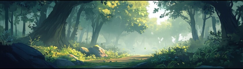 Fototapeta premium A dense forest bathes in soft morning light.