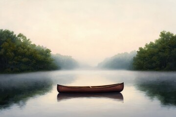 Serene Canoe on a Misty Lake at Sunrise