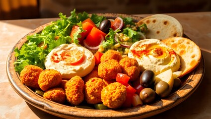 A vibrant Mediterranean platter with falafel, hummus, tabbouleh, and freshly baked pita bread.