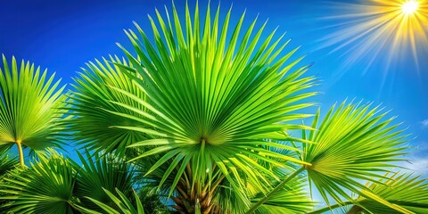 Obraz premium Exotic Fan Palm Close-Up, Summer Tropical Beauty, Blue Sky