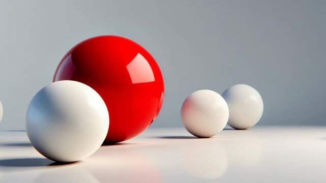 Red ball is placed in front of a row of white balls. The red ball stands out as the only one of its color in the scene