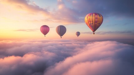 Obraz premium Hot air balloons soar above clouds at sunrise, peaceful travel adventure