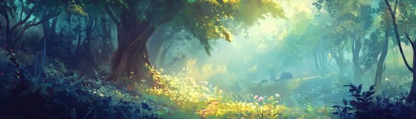 Fototapeta premium A dense forest bathes in soft morning light.