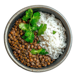 Delicious lentils and rice bowl kitchen food bright top view transparent background