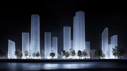 Fototapeta premium Night cityscape, illuminated towers, waterfront park, urban development, architectural rendering