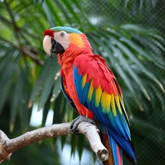 Fototapeta premium Vibrant scarlet macaw perched on branch with lush green tropical jungle background.