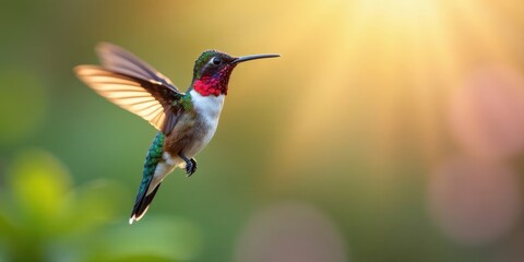 Fototapeta premium A Vibrant Hummingbird in Flight, Gracefully Navigating a Softly Lit Natural Environment