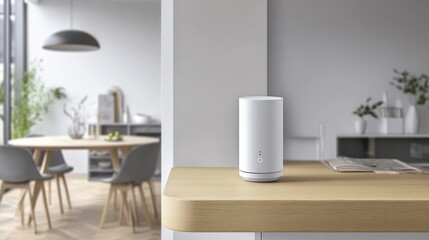 Modern home wifi router on kitchen counter, fast internet, dining area background