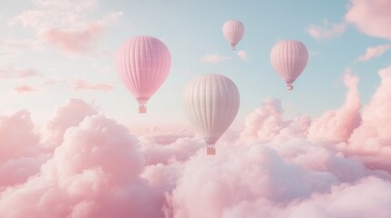 Obraz premium Pastel hot air balloons soar above dreamy pink cloudscape, sunrise
