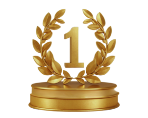 Top 1 best podium award sign, golden object. 3d render realistic cartoon illustration. Isolated on white background. Recognition and success concept.
