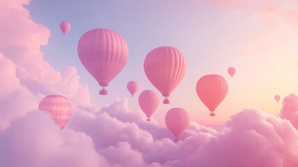 Pink hot air balloons soar above pastel clouds at sunrise; dreamy travel poster (1)