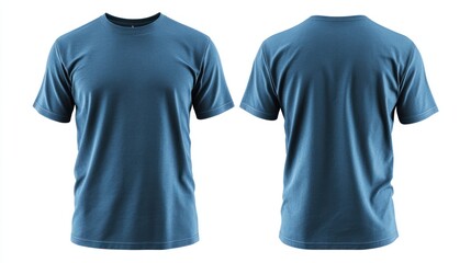 Blue t-shirt mockup, front and back views, isolated on white, design template