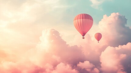 Fototapeta premium Two hot air balloons soaring above dreamy sunset clouds