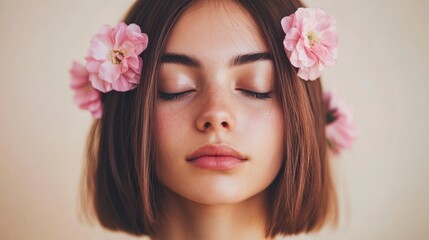 Serene girl, pink flowers, studio backdrop, beauty shot
