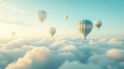Fototapeta premium Hot air balloons soar above clouds at sunrise, peaceful travel (1)