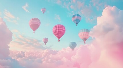 Obraz premium Pastel hot air balloons soar above dreamy cloudscape; travel poster
