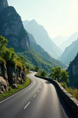 Fototapeta premium Asphalt ribbon winding through majestic mountain range, a scenic drive offering breathtaking vistas of verdant slopes and rocky cliffs bathed in sunlight