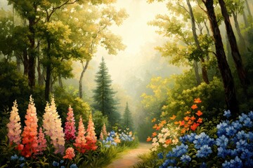 Serene Forest Path With Vibrant Flowers And Gentle Sunlight
