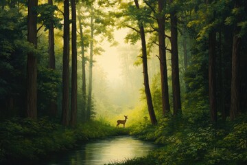 Obraz premium Serene Forest Scene With Deer By A Creek At Dawn