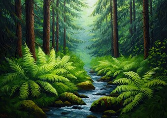 Serene Forest Stream with Lush Greenery and Sunlight Dappled Through the Trees