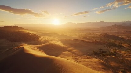 Fototapeta premium Desert sunset aerial view, dunes, mountains, wind, travel