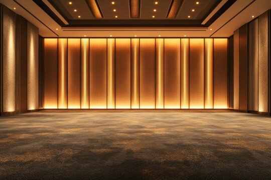 Empty luxury event hall, warm lighting, gold wall, carpet floor, modern interior design