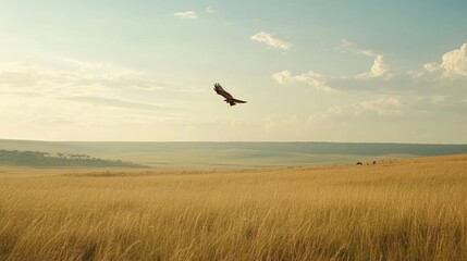 Eagle soaring over golden savanna, distant wildlife, sunset