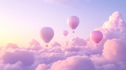 Obraz premium Pink hot air balloons soar above pastel clouds at sunrise, idyllic travel scene