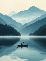 Fototapeta premium Serene Kayaking Adventure on a Misty Mountain Lake
