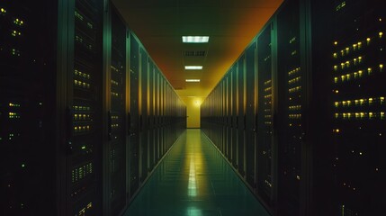 Fototapeta premium Servers glowing in dark data center hallway