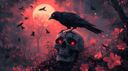 A raven with glowing red eyes standing on top of a human skull
