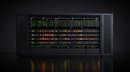 Server rack data center glowing lights processing information technology