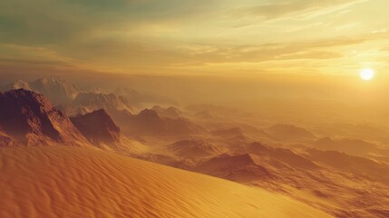 Naklejka premium Desert sunset landscape, dune view, mountains, hazy sky, travel backdrop