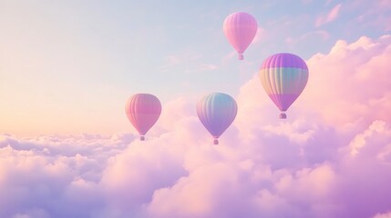 Obraz premium Colorful hot air balloons soar above pastel clouds at sunrise; travel poster