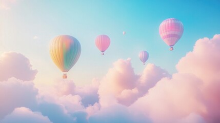 Fototapeta premium Colorful hot air balloons soar above pastel clouds at sunrise, idyllic travel scene (1)