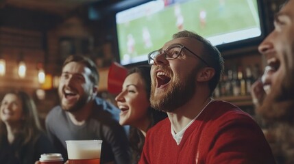 Friends cheering soccer game pub broadcast