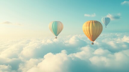 Fototapeta premium Colorful hot air balloons soar above fluffy clouds at sunrise; travel, adventure imagery